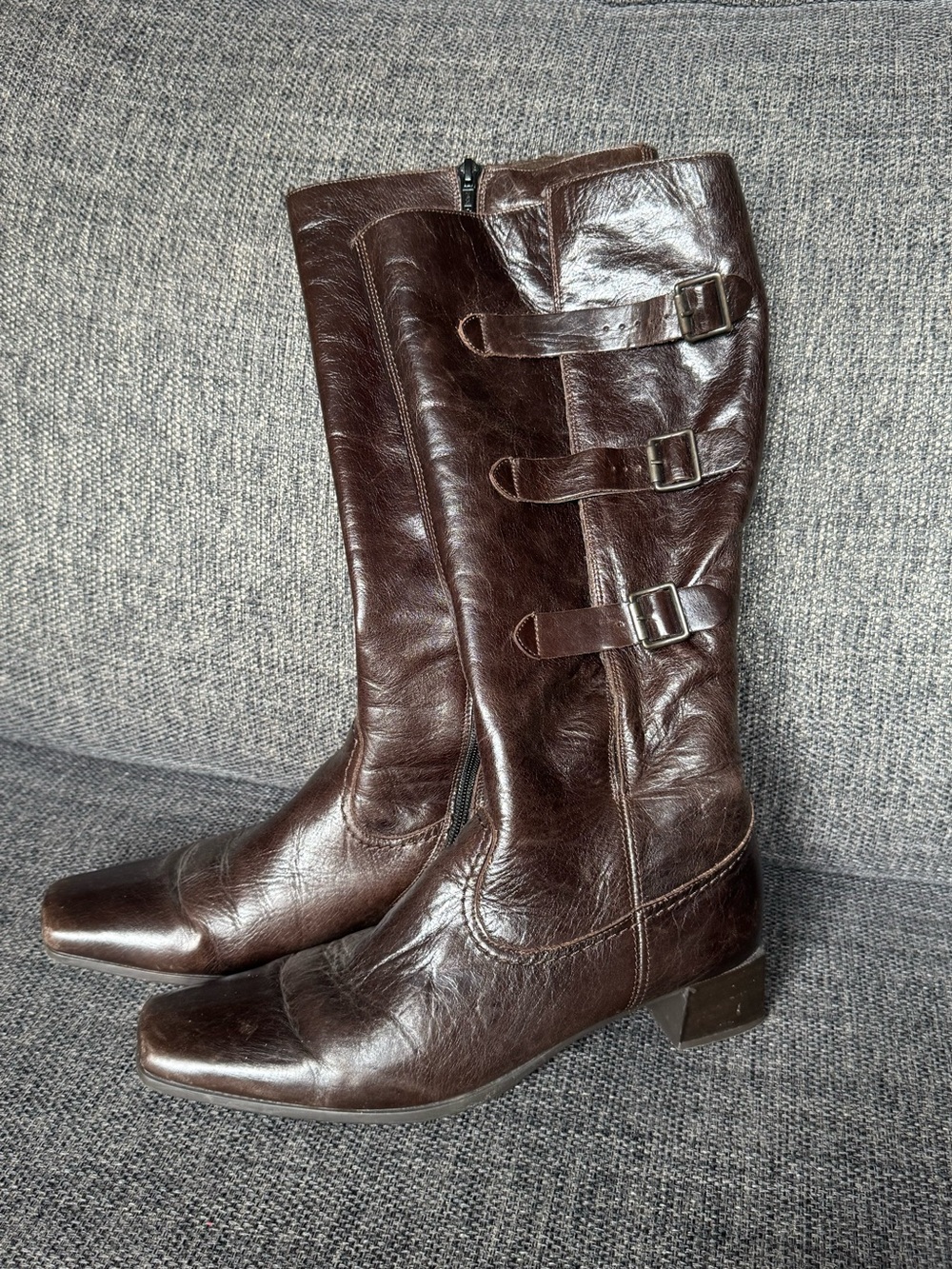 Vintage Rieker Dark Brown Leather Knee-High Riding Boots with Buckle Straps